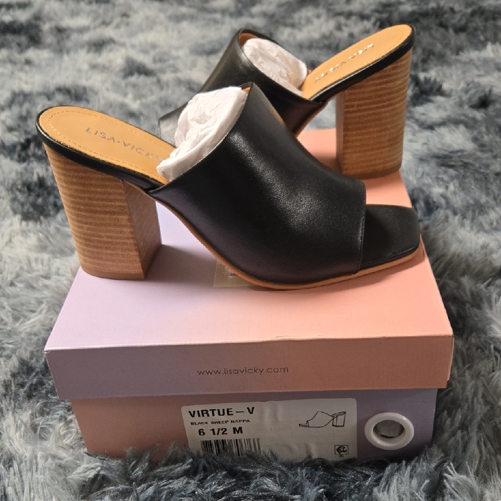 Lisa Vicky - Black Leather Heeled Mules